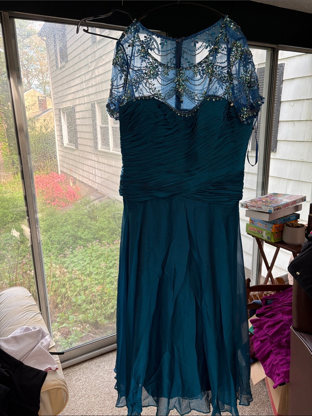 Morrell Maxie Beaded Teal Midi Dress with Sheer Embellished Yoke